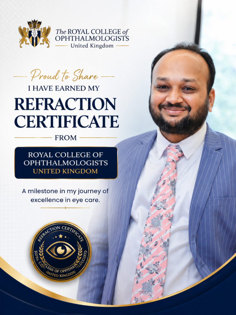 Chatgpt image may 21 2026 112914 am crystal clear eye clinic best eye clinic in andheri mumbai Professional portrait of dr jignesh gala announcing achievement of refraction certificate from the royal college of ophthalmologists united kingdom