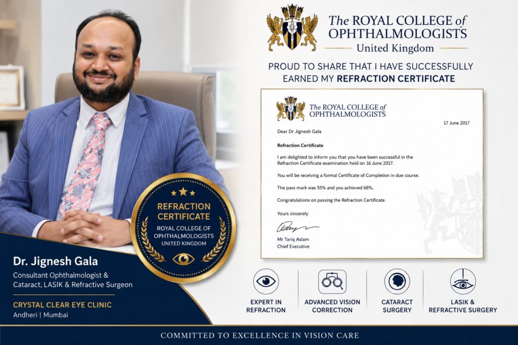 Official refraction certificate achievement dr Jignesh gala | royal college of ophthalmologists uk crystal clear eye clinic best eye clinic in andheri mumbai Dr Jignesh gala with official refraction certificate recognition from the royal college of ophthalmologists united kingdom 2017