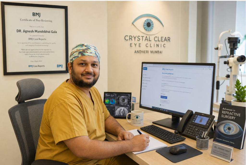 Doctor seated at a desk in a clinic wearing mustard scrubs and a colorful surgical cap with a computer monitor and medical posters in the background crystal clear eye clinic sign on the wall