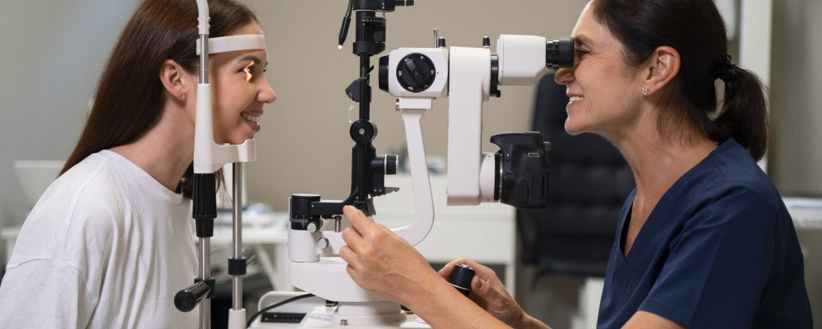 medium shot woman getting her eyes checked